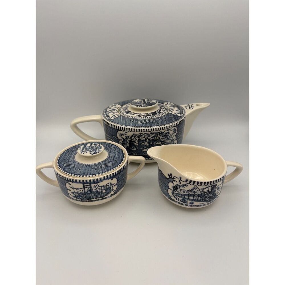 Currier and Ives Royal China Tea Set - Teapot, Creamer & Sugar